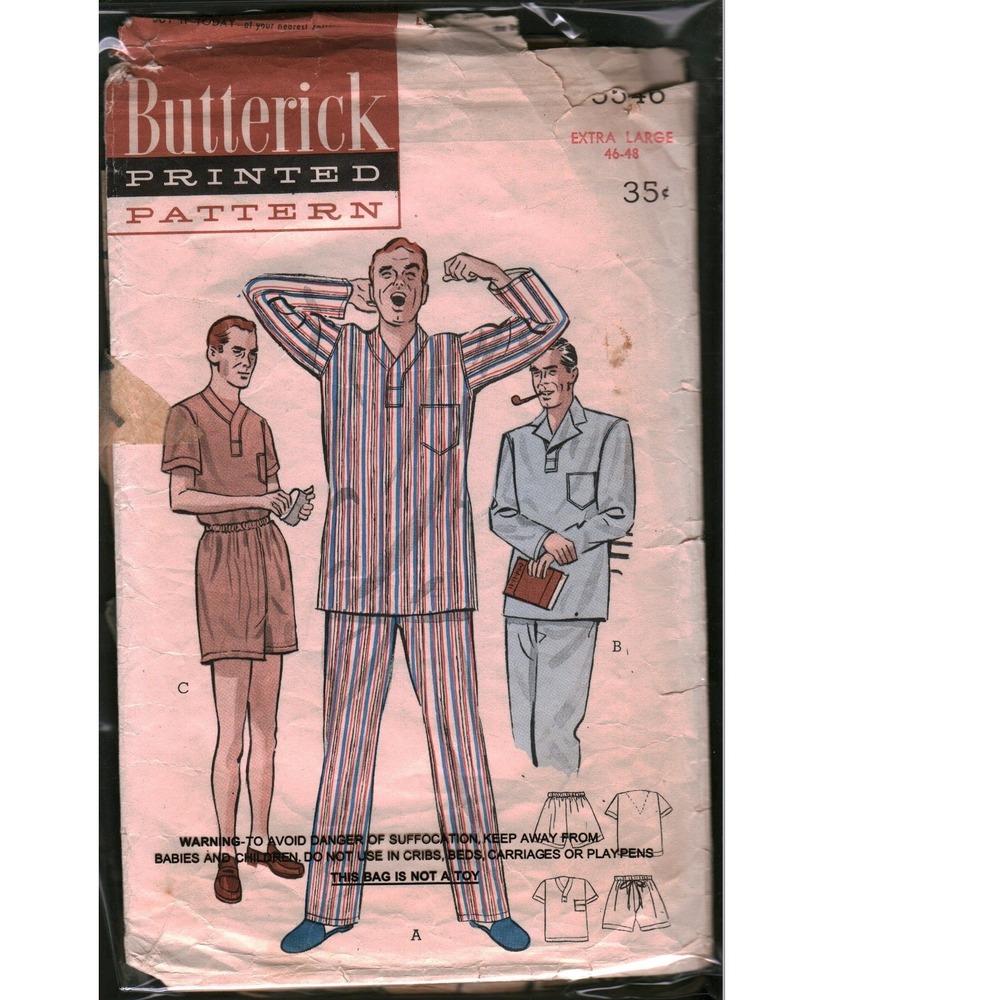 Vintage Butterick 5546 Mens Pajamas Sewing Pattern Extra Large 46-48 Retro 1950s